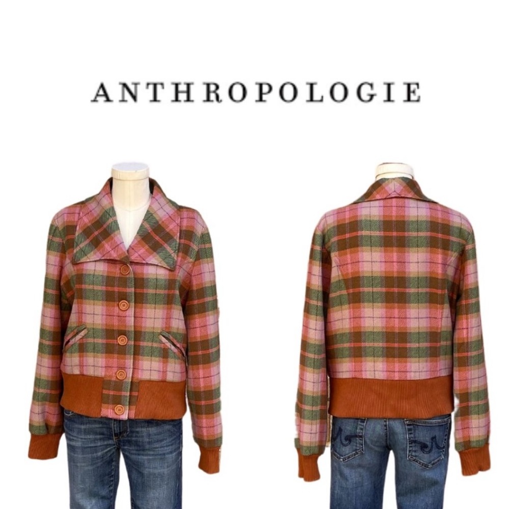 🎉Anthropologie Tulle Brown Pink Green Plaid Wool Jacket